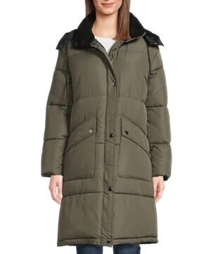 Big Chill Womens Long Puffer Jacket Coat Olive Green Hooded Size M